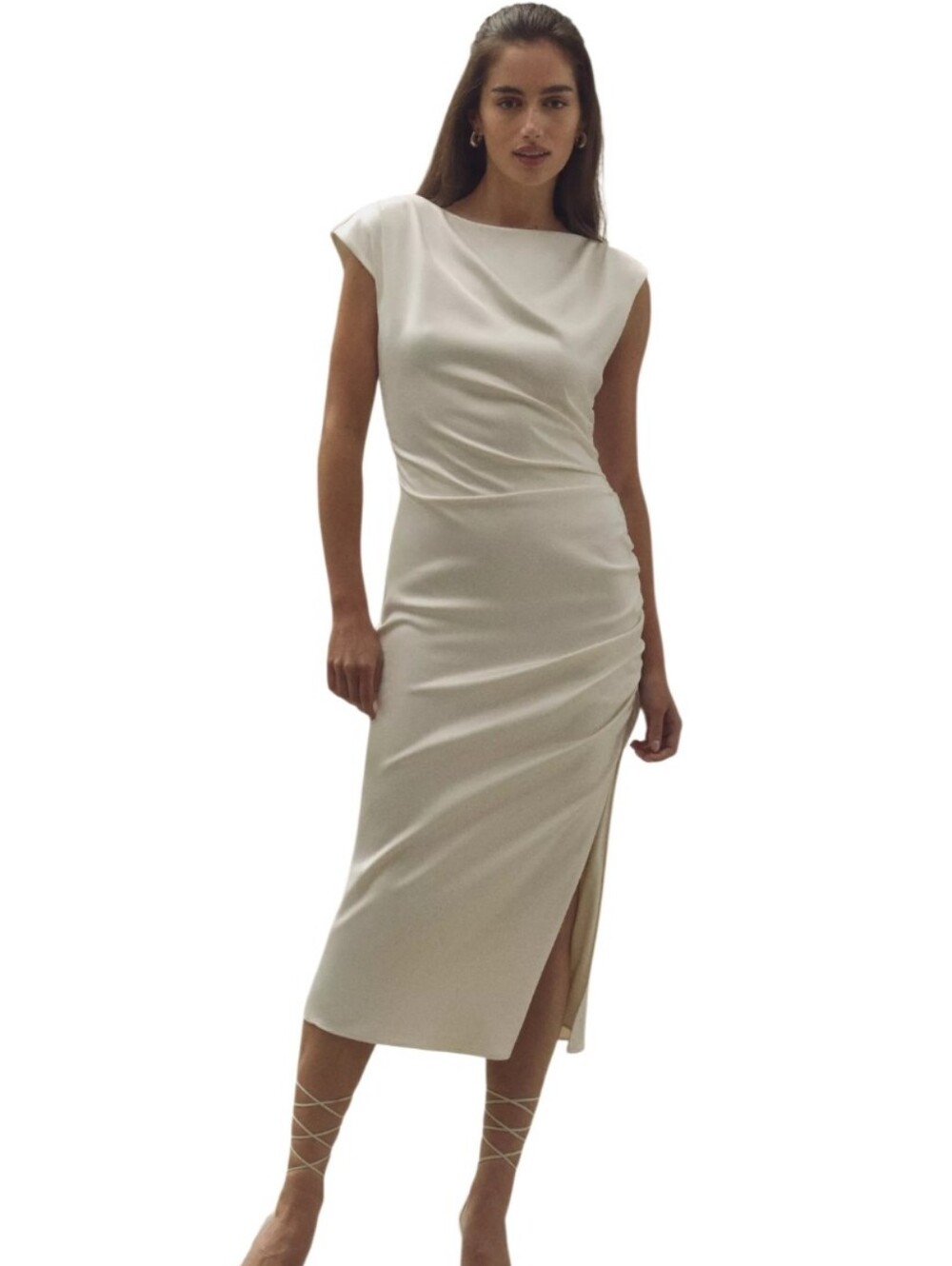 NWT BHLDN Francesca High-Neck Stretch Satin Midi Dress Cream XS $198